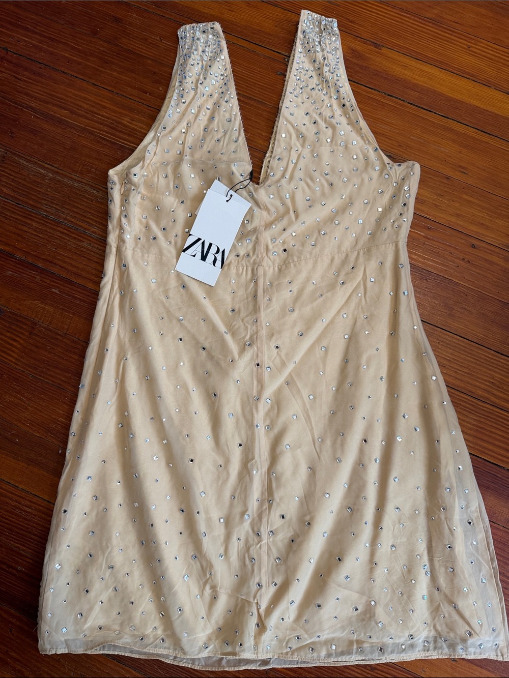 NWT  Zara Champagne Beige Sleeveless V-Neck Crystallized Mini Dress Size Medium - Picture 5 of 5